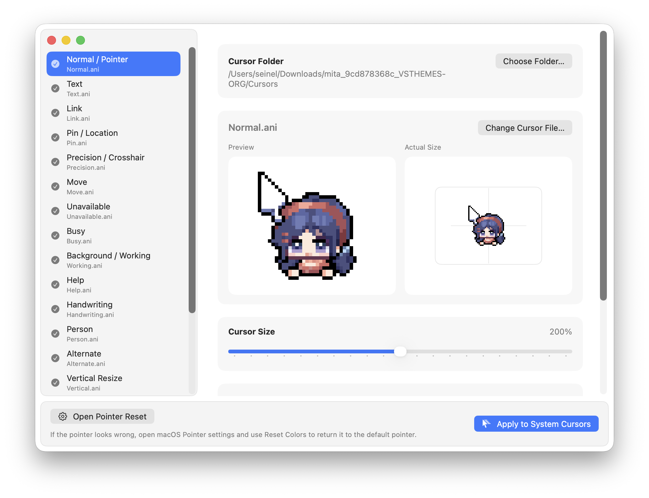 Cursie previewing a Windows cursor pack on macOS
